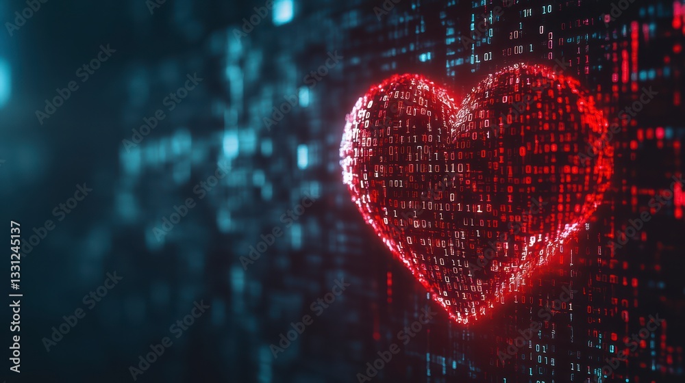 Digital Heart: A vibrant, glowing heart comprised of intricate digital code floats against a backdrop of flowing binary data