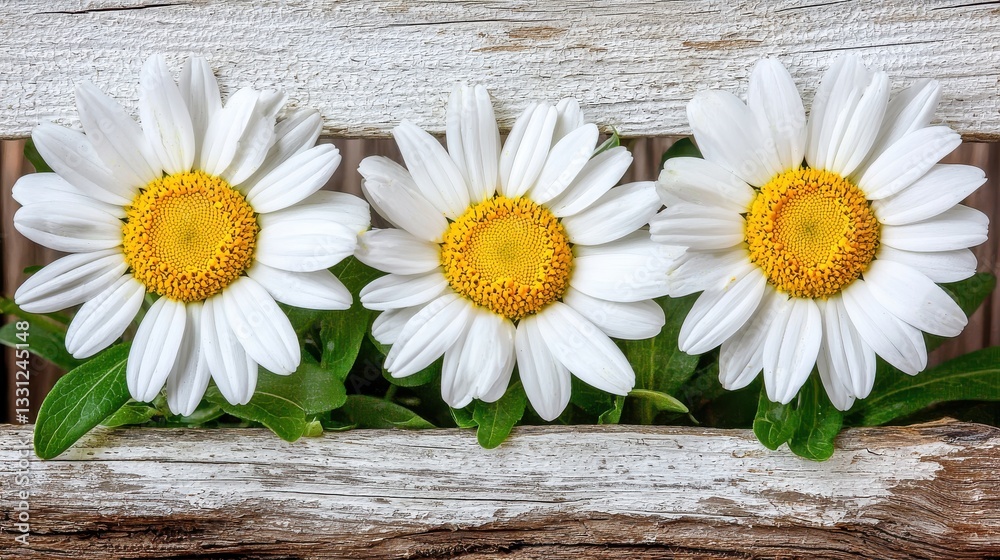 Obraz premium Three Daisies in Rustic Wooden Box Simple Beauty of Floral Arrangement Fresh Springtime Still Life
