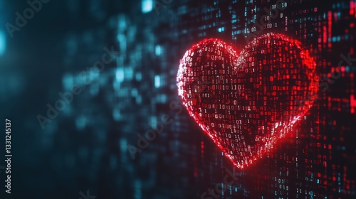 Obraz na płótnie Digital Heart: A vibrant, glowing heart comprised of intricate digital code floats against a backdrop of flowing binary data w salonie