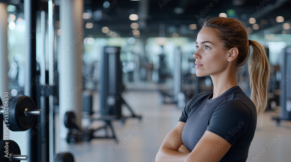 Fototapeta premium Focused woman at a modern gym during a break from weightlifting