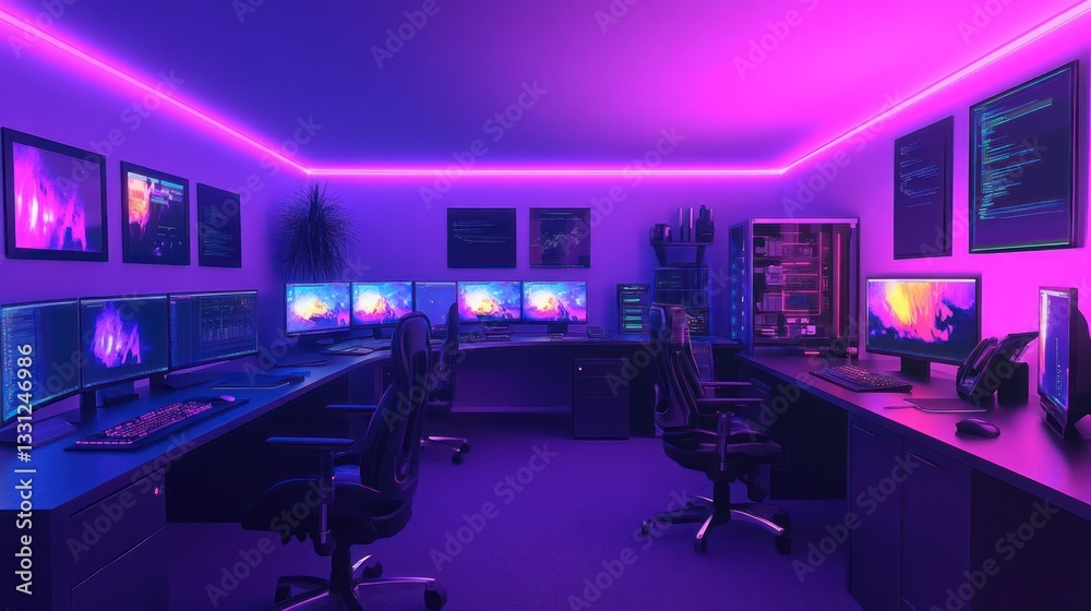 Neon Gaming Room with Multiple Computers Neon Gaming Room with Multiple Computers