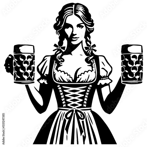 Oktoberfest Girl Wearing Dirndl Dress, Holding Beer Mug.