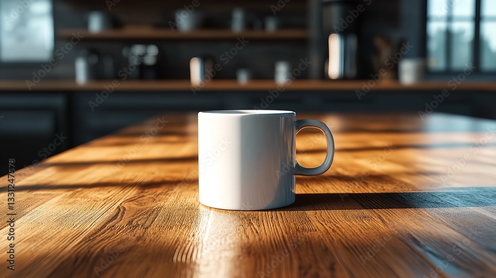 Fototapeta premium white blank coffee mug stands on a tabletop with a blurred kitchen background, symbolizing simplicity and potential, ready for custom designs or messages. Perfect for promoting branding