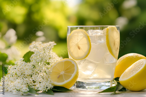 Chilled glass of elderflower cordial garnished with ice cubes and fresh lemon slices for a refreshing drink.