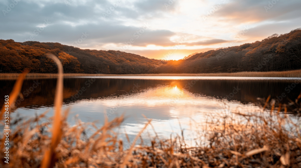 Fototapeta premium Sunset reflections tranquil autumn lake