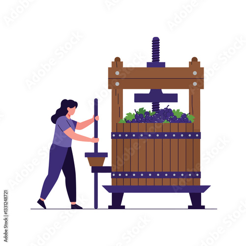 Woman operating a traditional grape press in flat vector art style