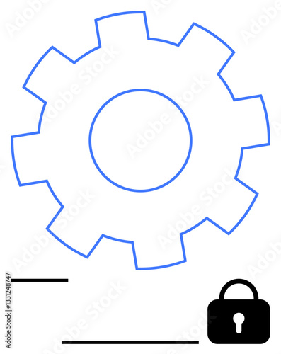 Gear symbolizing system functionality paired with a lock representing security. Ideal for technology, cybersecurity, privacy, data protection, configuration, safety protocols, and encryption. Flat