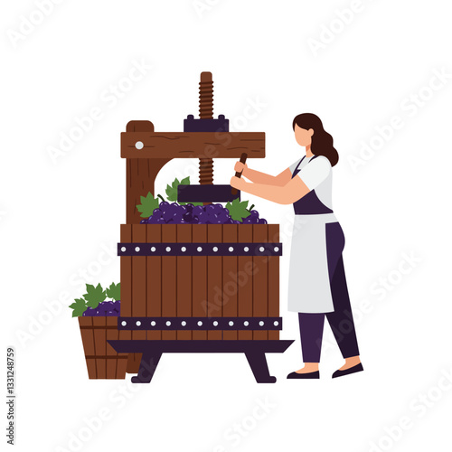Woman pressing grapes with wooden wine press in flat vector art