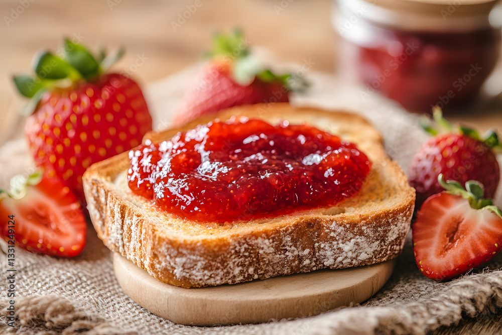 Slice of toast generously topped with homemade strawberry jam on a rustic wooden table. Slice of toast generously topped with homemade strawberry jam on a rustic wooden table.