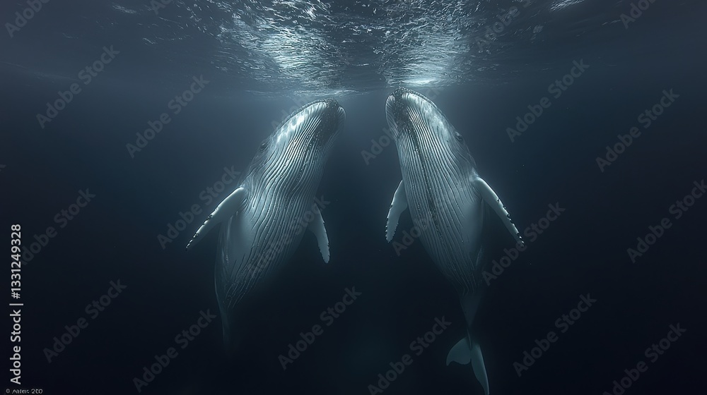 Fototapeta premium Humpback Whale Pair Underwater Ballet Two Majestic Creatures Encounter in Deep Blue Oceanic Embrace