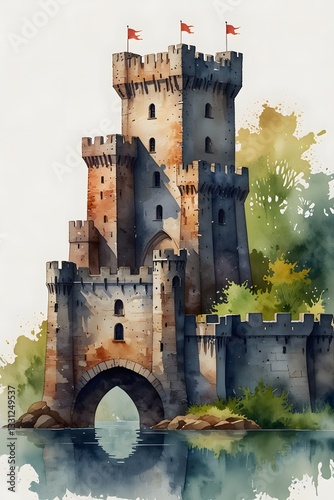 A fortress with a moat and drawbridge in watercolor style