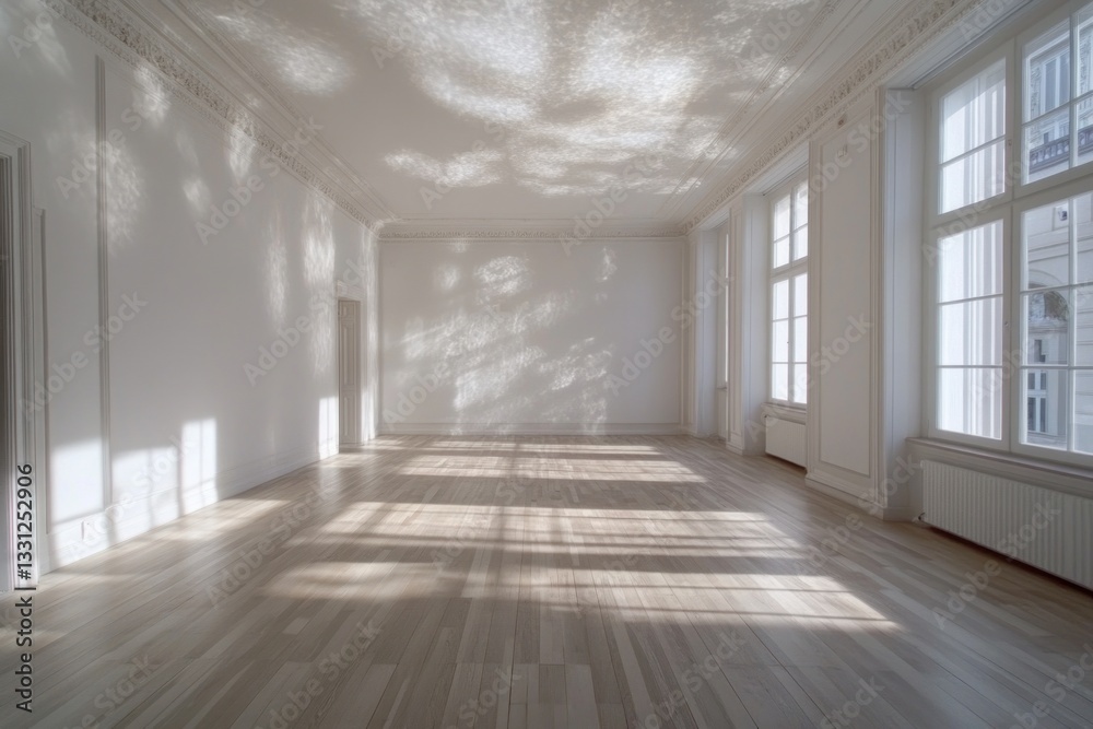 Obraz premium Sunlit empty room with hardwood floors and large windows.