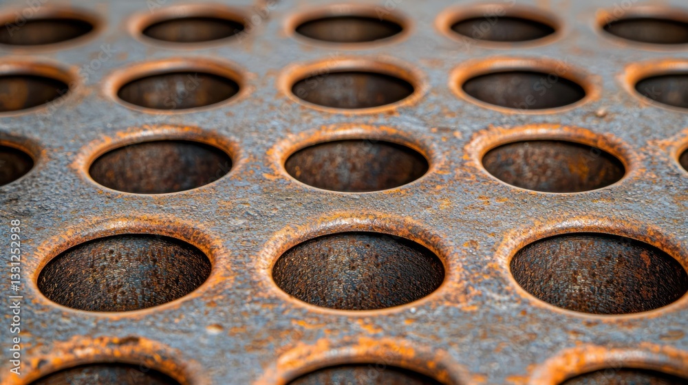 Rusty metal grid with circular holes, close-up texture detail Rusty metal grid with circular holes, close-up texture detail