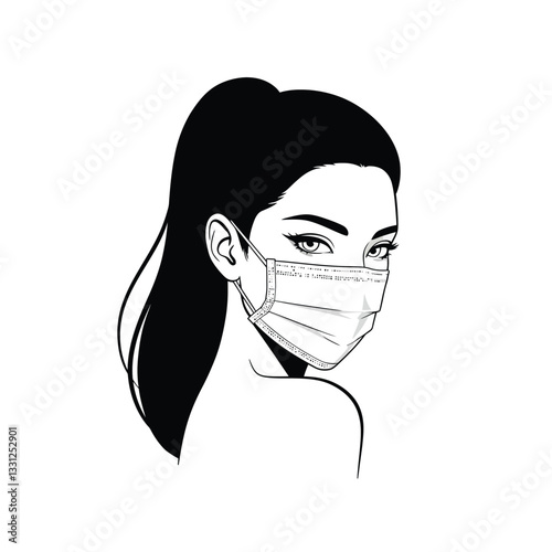 Woman wearing a face mask in a minimal black and white vector illustration