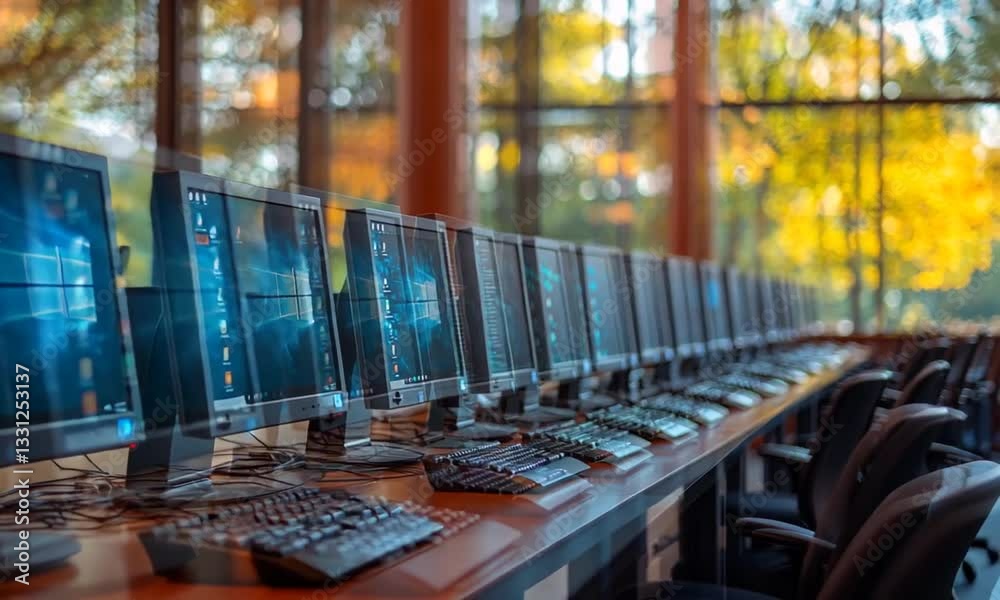 A row of computers in a bright, modern classroom with autumn foliage visible outside