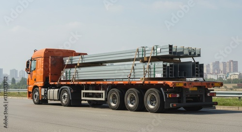 Steel Beam Transport Truck on Highway - A large orange semi-truck transports long steel beams on a flatbed trailer. The symbolizes industry, construction, logistics, transportation, and infrastructure