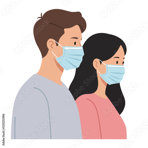 Two people wearing masks in a flat design style vector illustration