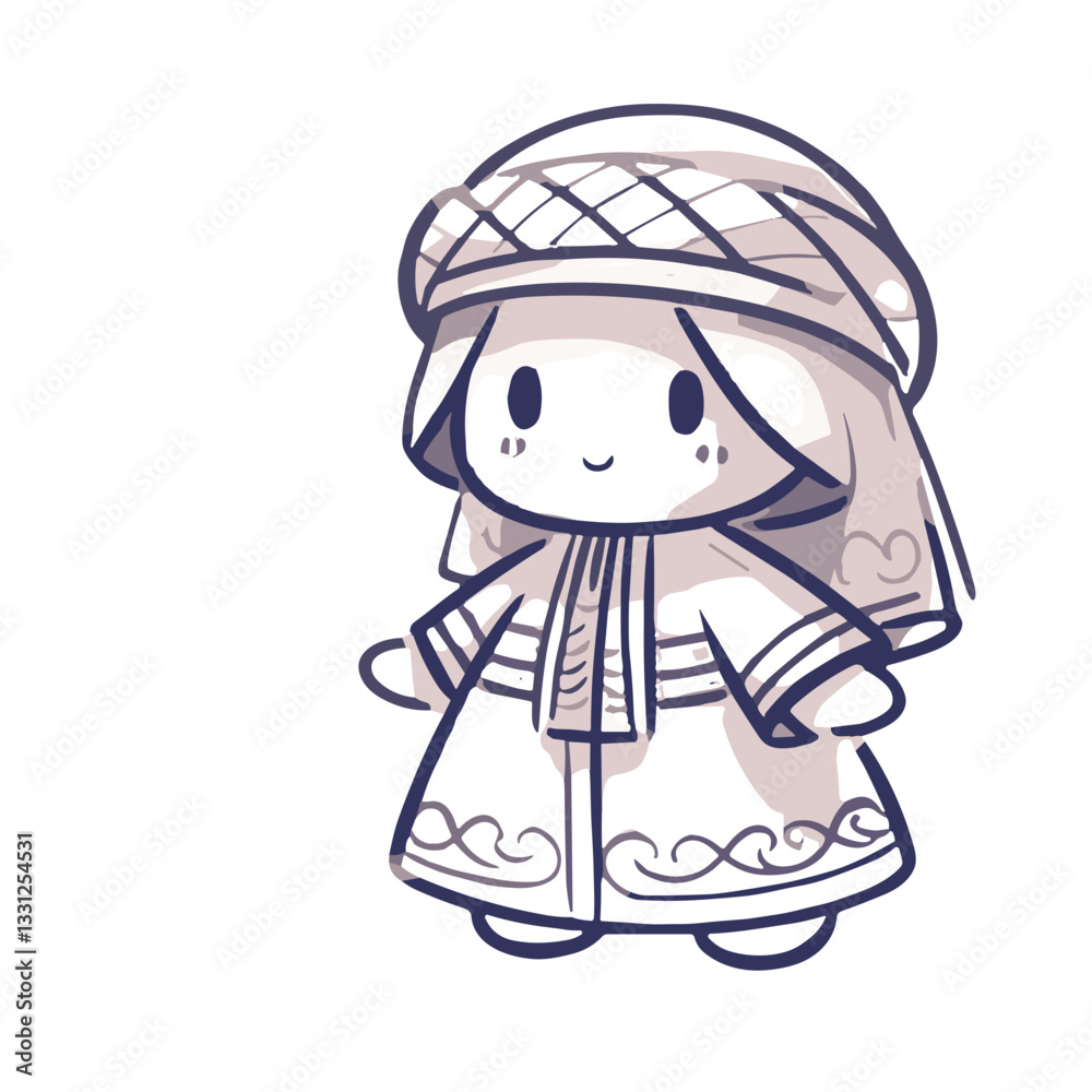 Cute cartoon character wearing a traditional ethnic outfit with a joyful expression in a charming design Cute cartoon character wearing a traditional ethnic outfit with a joyful expression in a charming design