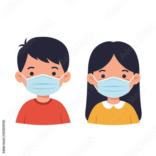 Two children wearing face masks in flat style vector art