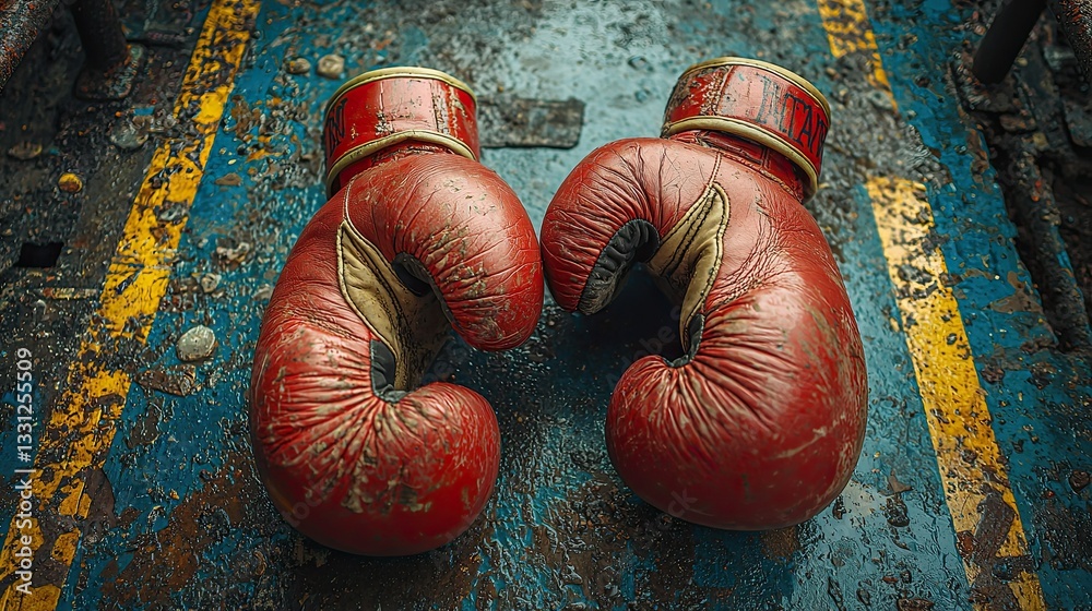 Naklejka premium Worn Boxing Gloves on a Rusty Surface