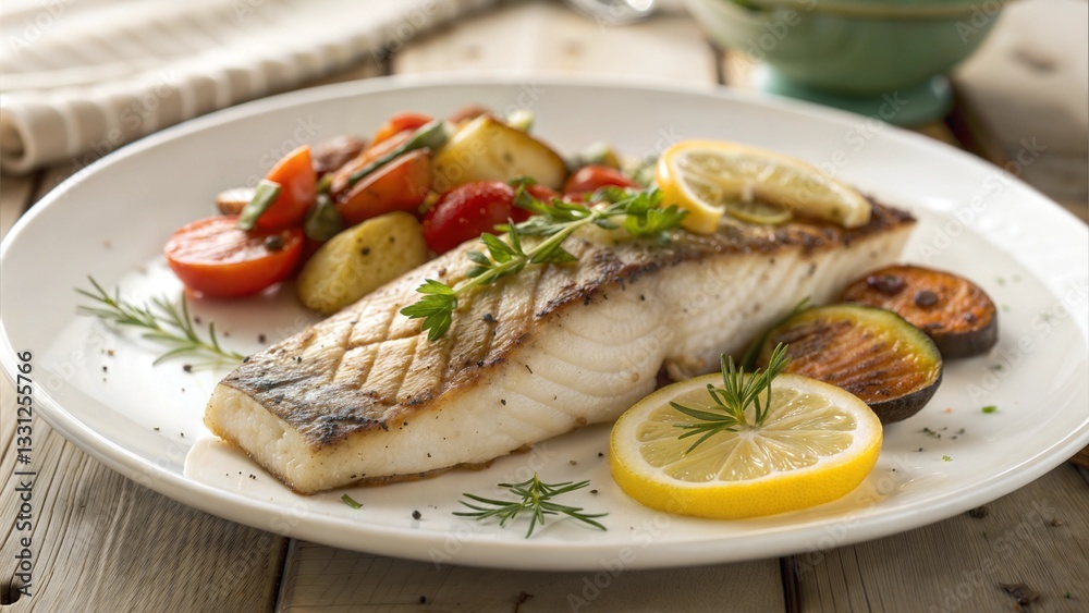 Grilled Barramundi fillet with fresh vegetables and lemon, culinary delight Grilled Barramundi fillet with fresh vegetables and lemon, culinary delight