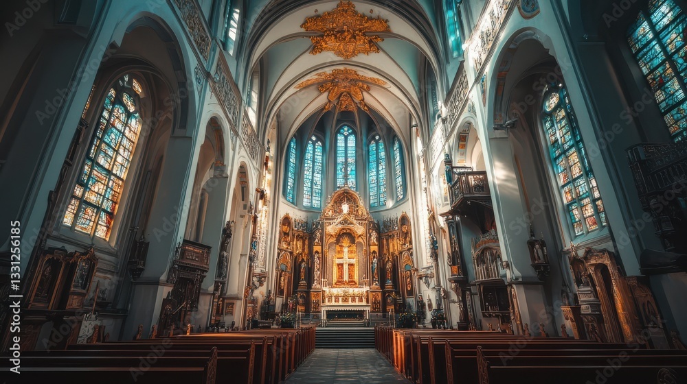 Fototapeta premium Ornate Catholic Church Interior with Stained Glass and Golden Decorations