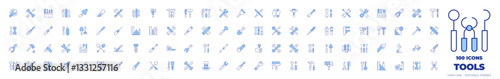 100 Tools Icons Collection. Line Duotone style, editable stroke. settings, chainsaw, slice, shovel, shovels, meter, leather, grinder, glue gun, chisel, putty knife
