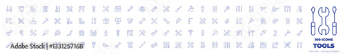 100 Tools Icons Collection. Thin line icon. Editable stroke. wrenches, nail gun, measuring tape, shovel, clamp, rotary hammer, stapler, keys, screw, jackhammer