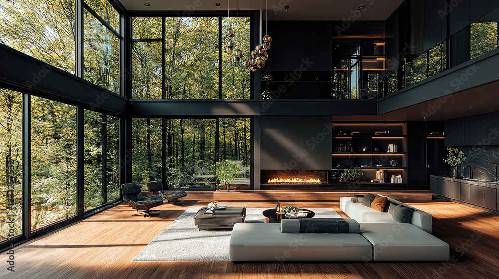Fototapeta premium modern high ceilinged living room with large windows, showcasing nature. space features cozy sofa, stylish decor, and warm fireplace
