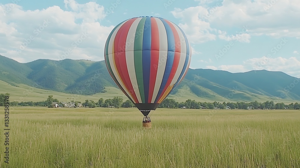 Fototapeta premium Colorful hot air balloon in a field with mountains.