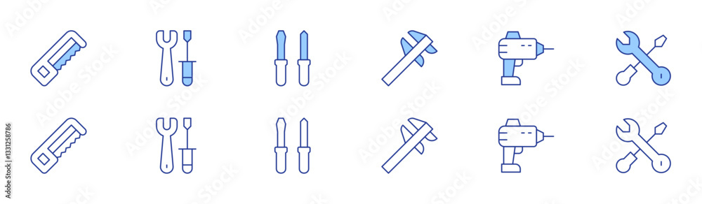 Tools icon set in two styles, Duotone and Thin Line style. Editable stroke. caliper, handsaw, tools, screwdriver, drill