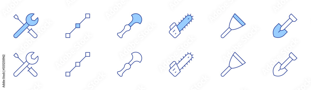 Tools icon set in two styles, Duotone and Thin Line style. Editable stroke. chainsaw, putty knife, shovel, easy installation, line, leather tools Tools icon set in two styles, Duotone and Thin Line style. Editable stroke. chainsaw, putty knife, shovel, easy installation, line, leather tools