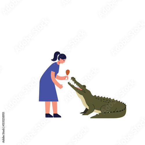 Girl feeding crocodile in playful interaction, flat design vector illustration