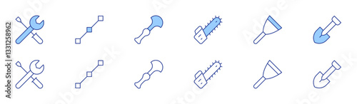 Tools icon set in two styles, Duotone and Thin Line style. Editable stroke. chainsaw, putty knife, shovel, easy installation, line, leather tools