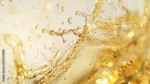 A luxurious champagne splash with golden bubbles and foam erupting from a tilted flute, displayed on a white background.
