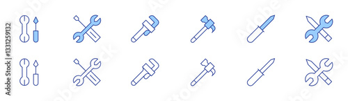 Tools icon set in two styles, Duotone and Thin Line style. Editable stroke. hammer, awl, tool, tools, wrench