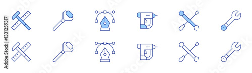 Tools icon set in two styles, Duotone and Thin Line style. Editable stroke. nail gun, repair tools, hammer, wrench, face roller, pen tool