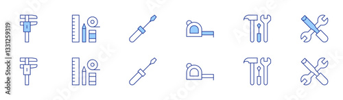 Tools icon set in two styles, Duotone and Thin Line style. Editable stroke. meter, tools, caliper, screwdriver