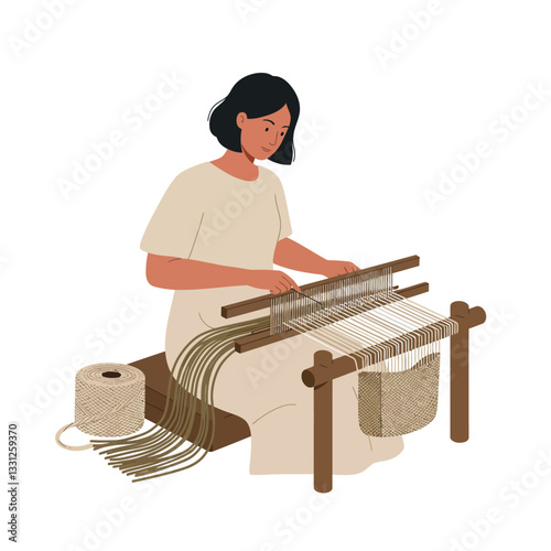 Woman weaving on loom with yarn in flat vector art style