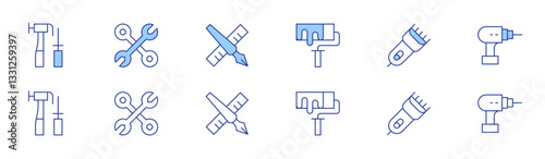 Tools icon set in two styles, Duotone and Thin Line style. Editable stroke. paint roller, tools, tools and utensils, edit tool, electric razor, drill