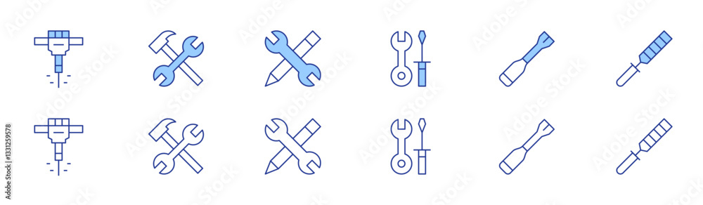 Tools icon set in two styles, Duotone and Thin Line style. Editable stroke. settings, leather, rasp, jackhammer, working, skills Tools icon set in two styles, Duotone and Thin Line style. Editable stroke. settings, leather, rasp, jackhammer, working, skills