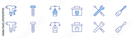 Tools icon set in two styles, Duotone and Thin Line style. Editable stroke. skate, screw, graphic tool, tool box, tools, screwdriver
