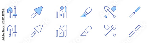 Tools icon set in two styles, Duotone and Thin Line style. Editable stroke. slice, shovels, chisel, shovel, spatula, tools