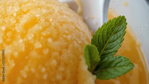 Delicious Orange Sorbet Scoop on Spoon with Mint Garnish Close Up