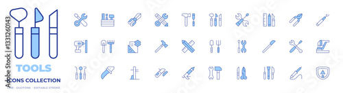 Tools icons collection. Line Duotone style, editable stroke. shovel, grinder, glue gun, knife, hammer, toolkit, construction and tools, tools and utensils