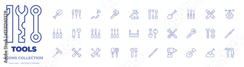 Tools icons collection. Thin Line icons, editable stroke. awl, shovel, plugger, saw, nut, hammer, tools, tool, pen tool, kitchen tools, sculpture, hand drill