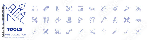 Tools icons collection. Thin Line icons, editable stroke. chisel, screwdriver, putty knife, router, pliers, handsaw, nail gun, circular saw, tools, tool