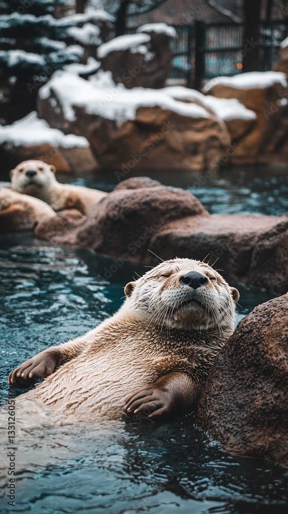 Obraz premium Relaxed otter floats in icy water among rocks.