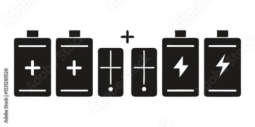 Battery Icons: Plus Sign, Vertical Line, Lightning Bolt Symbols in Black Silhouette Style for Energy, Power, and Electrical Concepts