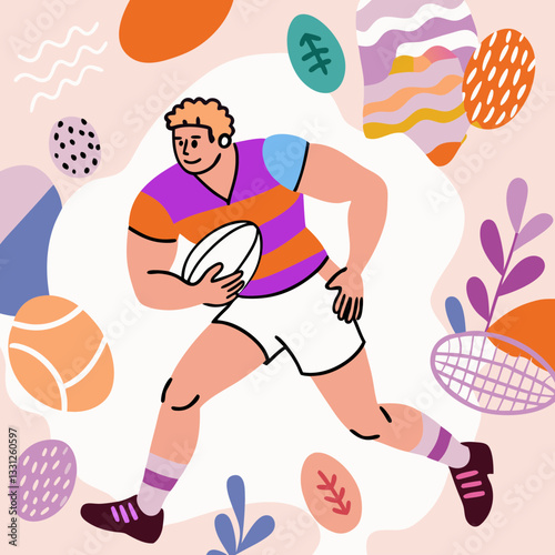 Rugby player man in determined mood running with the ball against a colorful abstract background